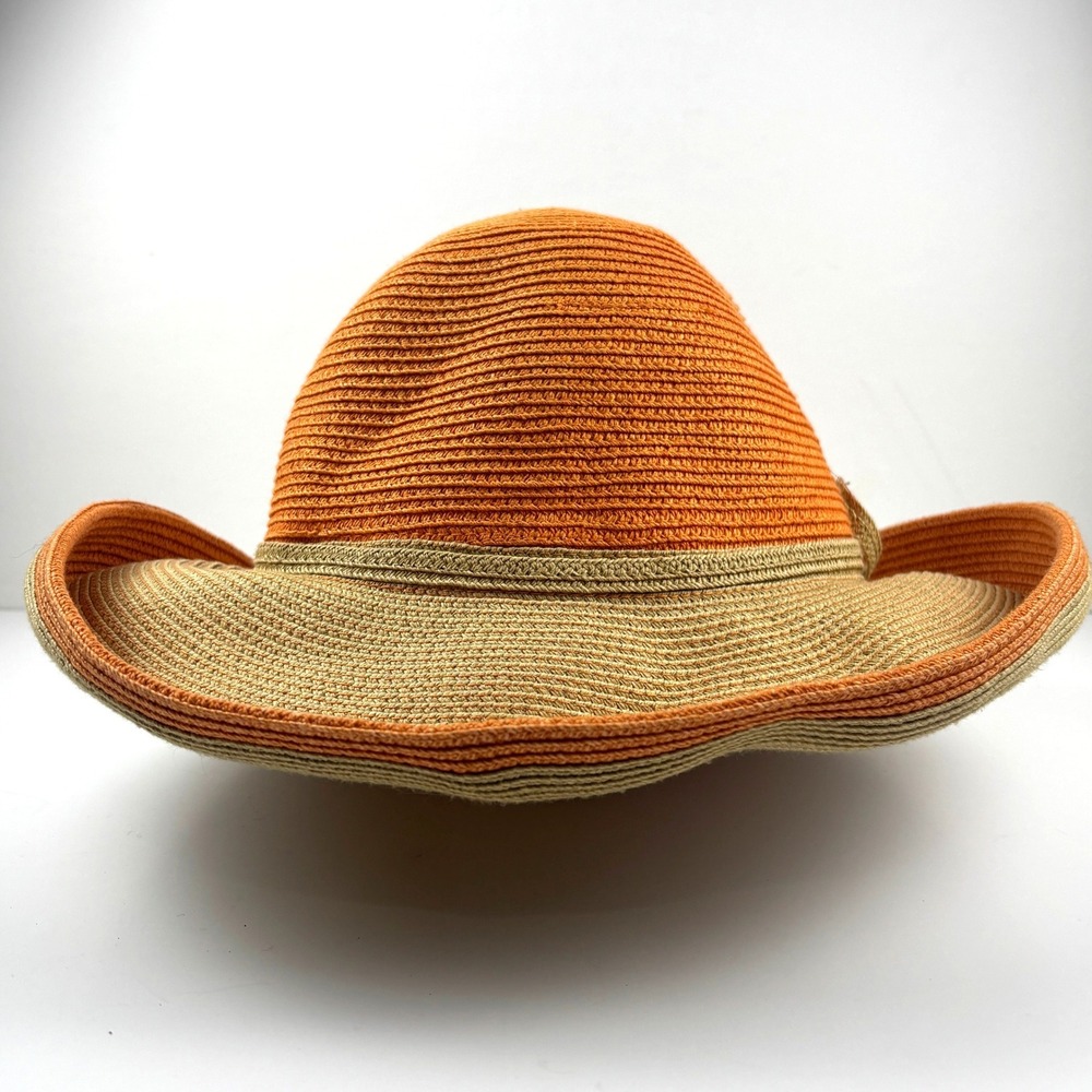 Columbia Women's Sun Hat Orange Tan Straw Wide Brim Packable Beach Vacation